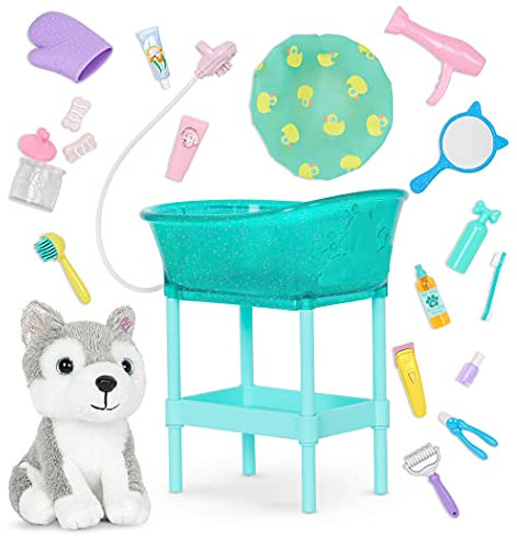 Glitter Girls Puppenzubehör – Kuscheltier Hund Husky mit Tierpflege Zubehör Set – Accessoires für 36 cm Puppen, Plüschtier und Puppenhaus Puppenmöbel Spielzeug für Kinder ab 3 Jahre
