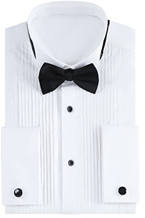 Gollnwe Men's Tuxedo Shirt Wing Collar French Cuff Dress Shirt for Men with Cufflinks and Bow Tie White M