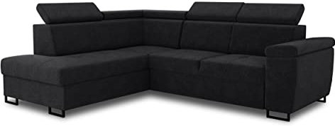 Ecksofa Natan mit Schlaffunktion und einstellbare Kopfstützen - Wohnlandschaft mit Metallfüßen, Couchgarnitur, Bettkasten, Sofagarnitur, Sofa (Ecksofa Links, Schwarz (Kronos 07))