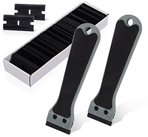 EHDIS 2pcs Plastic Razor Scraper 6-inch Long Handle Adhesive Remover Tool with 100 Double-Edge Blades for Window Tint Vinyl Scraper Decal Sticker Glue Remover (grey)
