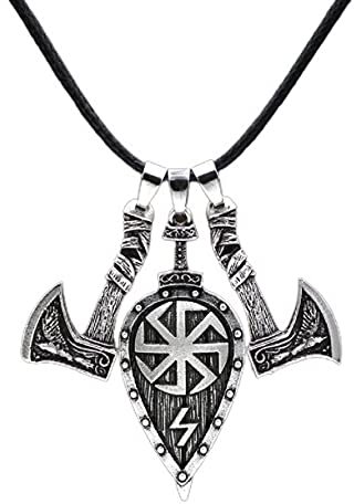 Shield Pendant Norse Viking Axe Shield Sword Necklace for Men, Celtic Rune Amulet Necklace Punk Odin Axe Shield Pendant Necklace for Boys Gothic Viking Jewelry Knight Shield Axe Punk Necklace (Silver)
