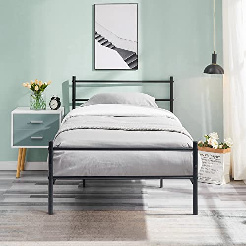 buybyroom Single Metal Bed Frame, Twin Size Platform Bed Frame with Strong Headboard and Large Storage Fits Teens Adults, 90 x 190 Black