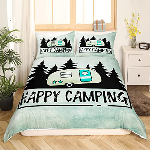 Homewish Kinder Happy Camping Bettbezug Cartoon Camper Bettwäsche Set 135 x 200 cm Retro rustikaler Bauernhaus Reise Auto Trösterbezug für Jungen Mädchen Teenager Erwachsene Kiefernbaum Bettwäsche