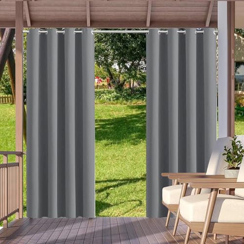 HUAXIQUE Outdoor Vorhang Wasserdicht Wetterfest Blickdicht 264X183cm Grau Verdunklungs Vorhänge mit Ösen Sichtschutz Sonnenschutz Outdoor Gardine für Balkon Terrasse Pergola Gartenlaube Veranda