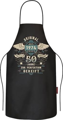 LOBO NEGRO Grillschürze Kochschürze Küchenschürze als Geschenk zum 50.Geburtstag: Vintage Retro Style lebende Legende seit Jahrgang 1975 aus reiner Baumwolle