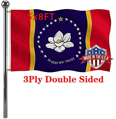 Jayus 3-lagige 200D New Mississippi Ms State Magnolia Flagge, 1,5 x 2,4 m, für den Außenbereich, doppelseitig, Staat Magnolie, Mississippi, Ms Flagge, robuster Leinwandkopf in God We Trust Missippi