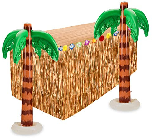 Hawaiian Luau Tisch Rock Set 3pcs Hawaiian Party Dekorationen 9.6ft Gras Tischdecken mit Hibiskus Blumen und aufblasbarem Palmenbaum für Sommer Pool Hawaiian Beach Party (Yellow)