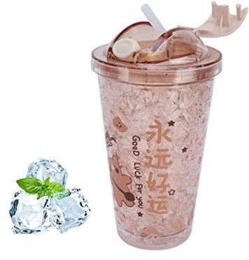 Cyrank Gobelet à Eau Mignon, Tasse à Boire De 450 ML Bouteille d'eau Réutilisable à Double Paroi avec Bouteille d'eau Kawaii Paille pour Gobelet De Voyage à la Maison(Brun)