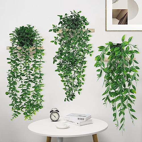 ARIATI Set of 3 Decorative Artificial Hanging Plants with Pots Fejka Artificial Plant Eucalyptus Fake Vine Hanging Leaves Decorative Home Garden Shelf Wall Decoration