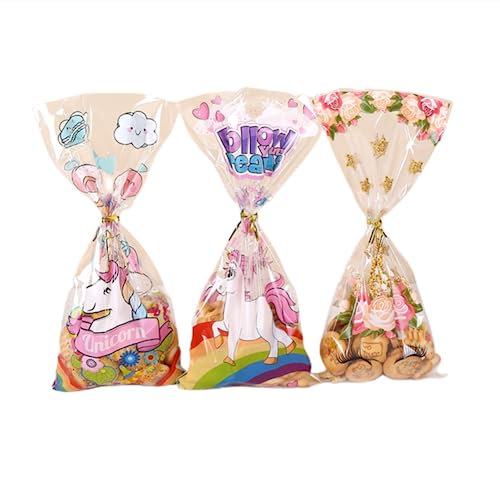 Lot de 50 Sachet Plastique Licorne, 3 Styles Sachet Bonbon avec 60 Liens Torsadés, Sachet Bonbon Noel