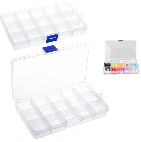 Senbos 2 Stück Plastik Sortierbox, Sortierbox für Kleinteile, 15 Fächer Einstellbar Transparent Sortierbox Kunststoff-Sortierbox für Schmuck, Perlen, Angelgeräte, Schrauben, Büromaterial
