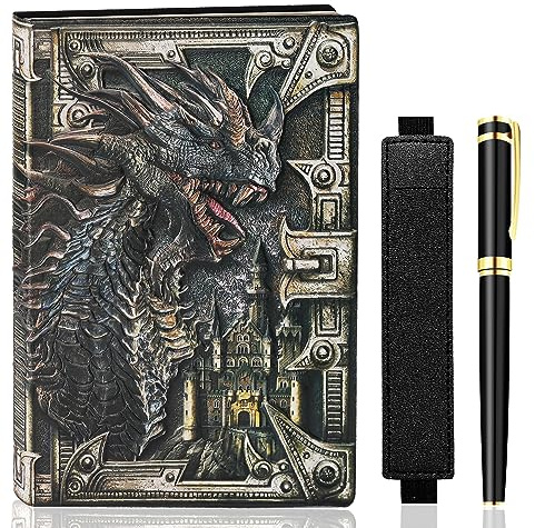 LISGO Vintage Dragon Embossed Leather DND Notebook Travel Journal with Ballpoint Pen and Pen Sleeve Antique Handmade A5 Journal, Notebook Gift for Men Women