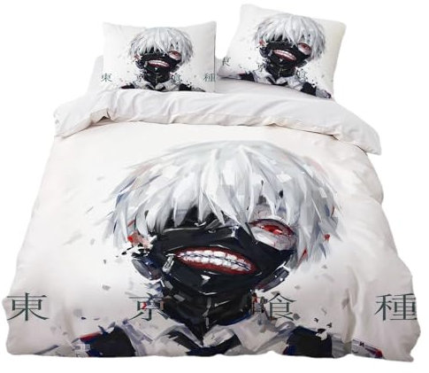 SENTUBILA Tokyo Ghoul Bettwäsche-Set,kinderbettwäsche Jungen,Kopfkissenbezug 80 X 80 cm,Kaneki Ken Bettbezug 135 X 200 cm,Anime Deko Für Zimmer (B,135x200cm+75x50cm)