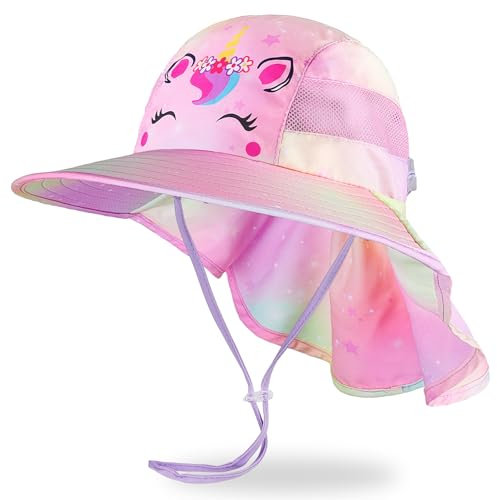 MHJY Bob Enfant Chapeau Bebe Fille Soleil Casquette Anti UV Casquette de Plage Réglable, Chapeaux Seau Licorne avec Rabat à Large Bord pour Les Tout-Petits de 2 à 9 Ans