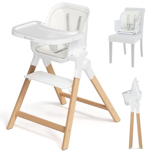 Ezebaby Hochstuhl Baby Klappbar Holz Beine Kinderstuhl 4 in 1 Mitwachsender Babystuhl Kinderhochstuhl ab 6 Monate mit Sitzerhöhung Barhocker Funktion transparent (Weiß)