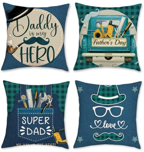 Bonhause 4er Set Kissenbezüge Vatertag 45 x 45 cm Schnurrbart Oldtimer Dekorative Kissenhülle Marineblau Zierkissenbezüge für Papa Geburtstag Sofa Schlafzimmer Zuhause Dekoration