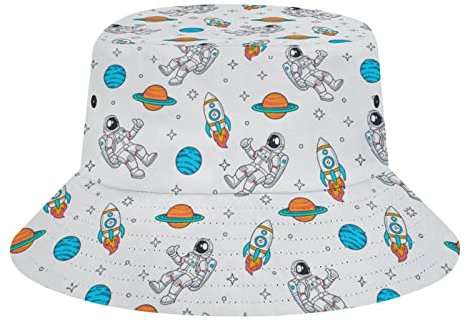 Buytruew Fischerhut mit Cartoon-Weltraum-Raketen, Planeten, Sternen, für Damen und Herren, lustiger Sommer-/Strand-Angelhut, verstaubar, für den Außenbereich, Schwarz, Schwarz , One size