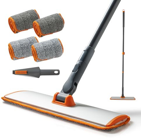 CLEANHOME Microfiber Mop Floor Dust Mop with Extendable Long Handle, Flat Mop with 4 Reusable Pads and 1 Dirt Removal Scrubber, Suitable for Home Kitchen Bathroom Living Room Cleaning