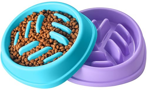 LUKITO 2pack Slow Feeder Dog Bowl, Non-Skid Dog Slow Feeder Dog Bowl, Anti Choke, Anti Bloat Dog Bowl, Dogs Feeding Food Water Bowls((S/M, Bule and Purple)