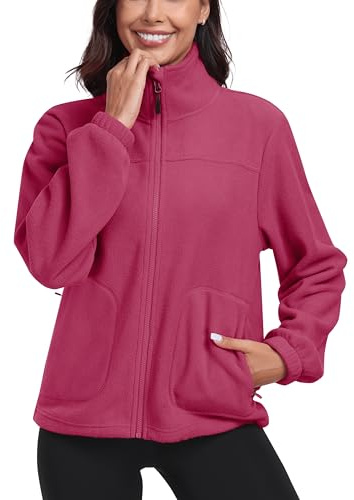 MoFiz Giacca in pile da donna con chiusura lampo su tutta la lunghezza, colletto alto, per la ricreazione e l'escursionismo Rosso Rosa L