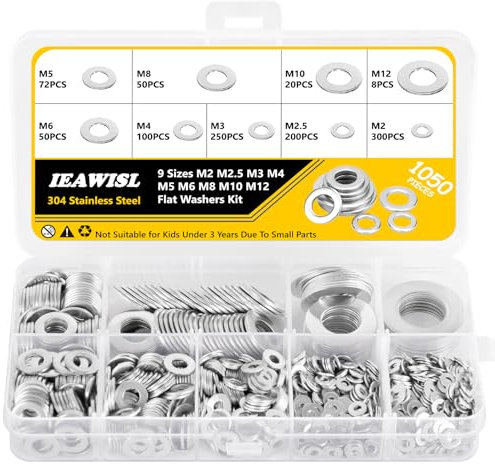 1050 Pièces Inox Rondelles Plates Metal, 9 Tailles Rondelles Acier Inoxydabl 304 - M2 M2.5 M3 M4 M5 M6 M8 M10 M12 Rondelle Inox pour Vis et écrous