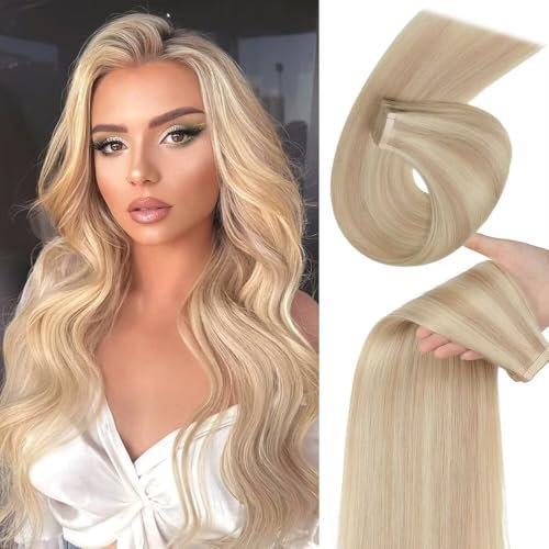 YDDM Tape In Extensions Echthaar 20pcs 35cm 40g Aschblond mit Bleichblond Invisible Tape Extensions Dunkelblond Echthaar Tape Extensions Skin Weft Haarverlängerung(14Zoll,P18K/60#)