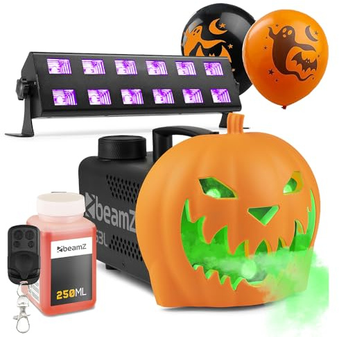 beamz Halloween Lighting Kit with Pumpkin Fogger & UV Blacklight Bar – Spooky Halloween Decorations Kit for DIY House Decor, Party Props & Disco Lights with Sound Effects & Remote Control