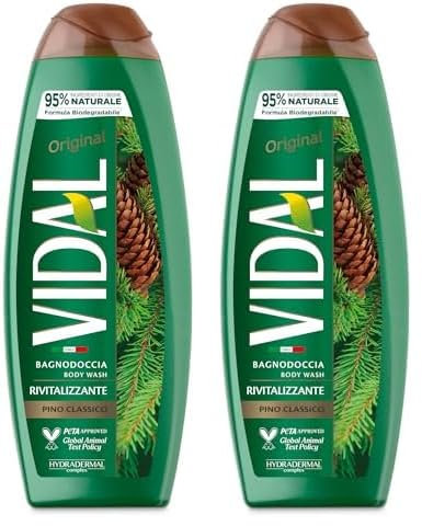 Vidal - Bagnoschiuma Original Pino Classico, Formula Rivitalizzante, Fragranza Pino, Dermatologicamente Testato, 500ml (Confezione da 2)
