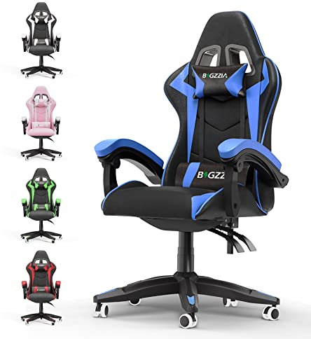 bigzzia Gaming Chair Ergonomic Computer Chair Reclining PU Leather High Back Video Game Chair with Headrest Adjustable Lumbar Support Linkage Armrest- Blue