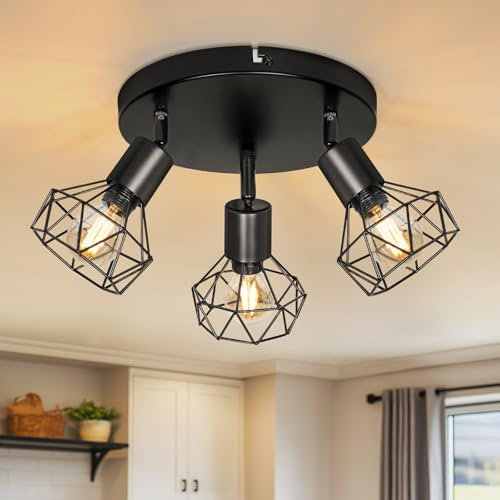 Dehobo Deckenlampe Schwarz E14 Deckenstrahler 3 Flammig Deckenspots LED Schwenkbar 350° Deckenlampe Spot Matt Metall für Küche Wohnzimmer Schlafzimmer Max. 40 Watt [Ohne Leuchtmittel]