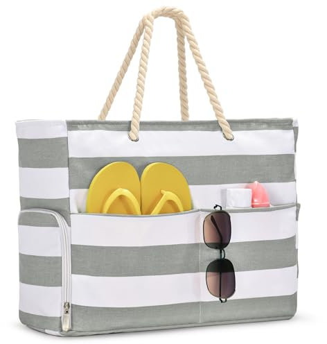 oscaurt Strandtasche Groß Wasserdicht Shopper Tasche Damen Streifen Beach Tote Bag mit Reißverschluss Umhängetasche Einkaufstasche Handtasche Sporttasche Damen Geschenke für Frauen