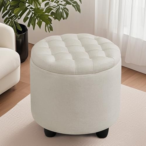 Hocker mit Stauraum aus Leder, runder Sitzhocker mit Stauraum, Ottomane mit Deckel, ideal als Beige Hocker Schminktisch, Fußhocker, schminkhocker, Pouf Hocker für Schlafzimmer, Wohnzimmer Runder