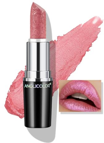 Anglicolor Glitzer Lippenstift Rosa Metallic Glänzend Glossy,Shimmer Pink Lipstick Seidig Velvet Langanhaltend Feuchtigkeitsspendende,Vegan Lipgloss Damen Mädchen Make-up (02 PINK GEMSTONE, 4g)