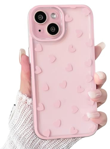 NITITOP Compatible with iPhone 15 Case Cute Clear Light Pink Love Heart Pattern for Girls Women Soft TPU Transparent Colourful Frame Full Camera Lens Shockproof Protective Cover - Light Pink