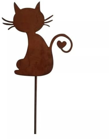 Brown Rustic Metal Sitting Cat Lawn Stake Heart Garden Plaque 31cm Decorative Gift Kitten Weatherproof Ornament Outdoor Lawn
