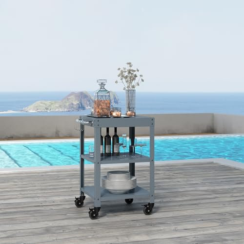 casa.pro Desserte de Jardin á roulettes Chariot de Service Extérieur pour Barbecue Terasse avec 3 Étagères 4 Crochets Surface de Rangement Freins d'Arrêt Métal 81 x 50 x 50 cm Gris Foncé