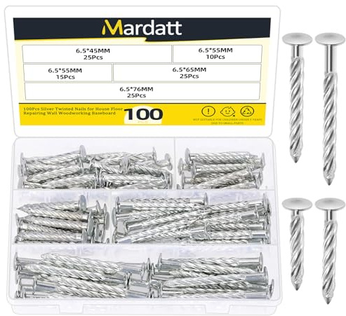 Mardatt 100 Stück Cement Nails Silber 6,5 x 45/55/65/76mm Zaun Deck Nägel, Spirale Shank Deck Nagel, verzinkte massive Zement Nagel Gewinde Twist Nägel for Concrete Wall Cinder Block (Assortment)