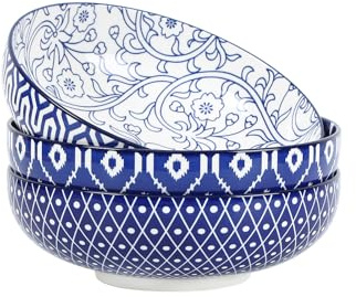 Selamica 9.5 Serving Bowls, 60 OZ Large Salad Bowls Set of 3 for Entertaining Party, Ceramic Bowls for Kitchen, Pasta, Soup, Dinner, Vintage Blue