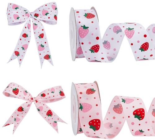 arricraft 20 Yards 2 Rollen Erdbeer Polyester Band, 1 Zoll breite Frucht Thema Trims gedruckt schwarz und rosa Erdbeer Stoff Bänder für Home Party Wrapping DIY Handwerk