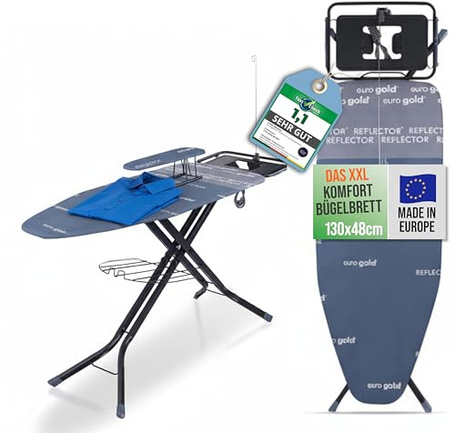 VELORA® XXL Bügelbrett 130x48cm [INKL. TURBOBEZUG & ÄRMELBRETT] - Bügeltisch für Dampfbügelstation (Made in Europe) - Tischbügelbrett mit Steckdose - Ironing Board - Stabil & Höhenverstellbar