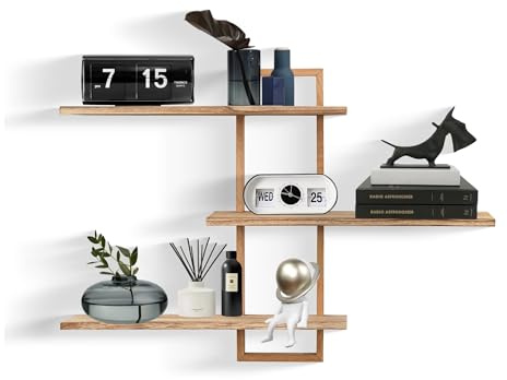 3 Tier Wall Shelf,Floating Shelf for Wall,Decorative Wall Shelves Modern | Plants Photo Storage Display Shelf Wood for Living Room Kitchen Home Office Decor,Unique,Large,57CM,Carbonized Black