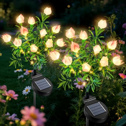 Qoosea Solarleuchten für Garten Außen, 2 Stück LED Gardenie Blume Solarlampe, IP65 Wasserdicht Gartenleuchten, Deko für Garten, Zäune, Hochzeit, Party Dekoration Beleuchtung (Warmweiß)