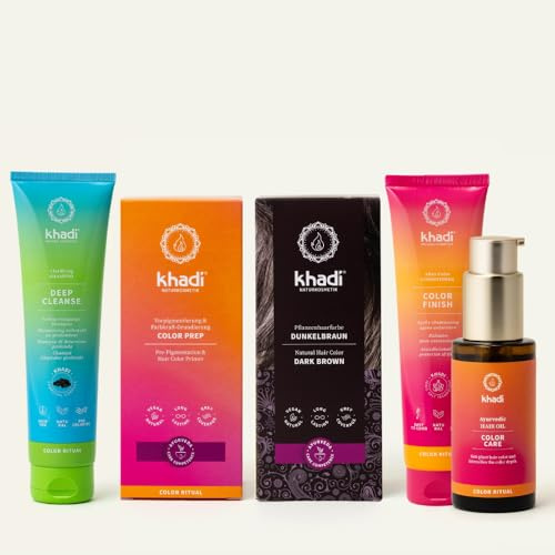 khadi ColorCycle CASTANO OSCURO Kit completo - Tinte vegetal para el cabello + DEEP CLEANSE Champú clarificante ayurvédico + COLOR FINISH Acondicionador para después del tinte + Aceite capilar COLOR C