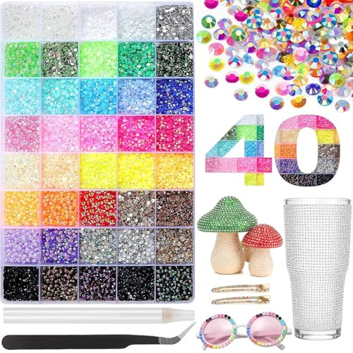32000-Teiliges Bedazzler Kit, 40 Farben 3 mm Strasssteine für Nägel mit Pinzette und Stift für DIY-Bastelarbeiten, Kleidung, Becher, Tassen, Schuhe, Stoff und Nagelkunst