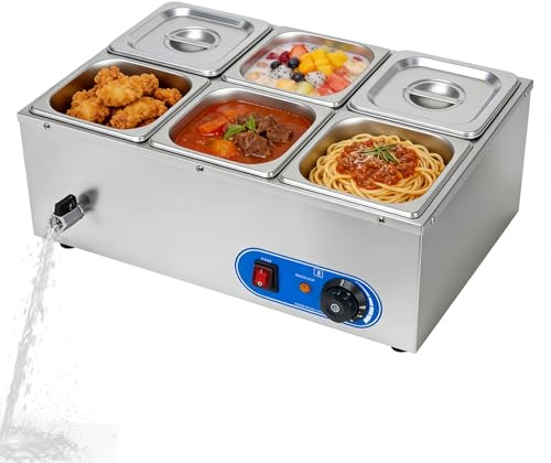 Commercial Bain Marie Electric Food Warmer 1500W, 6 Pan 304 Stainless Steel Buffet Server with 30-80°C Adjustable Temperature & Drain Valve, Chocolate Melter with Lids for Catering Restaurants Party