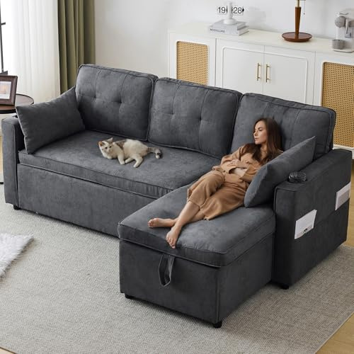 LANTRO JS Ecksofa, Ausziehbar Schlafsofa mit Stauraum, Grau | L-förmiges Sofa mit Seitentaschen und Getränkehalter