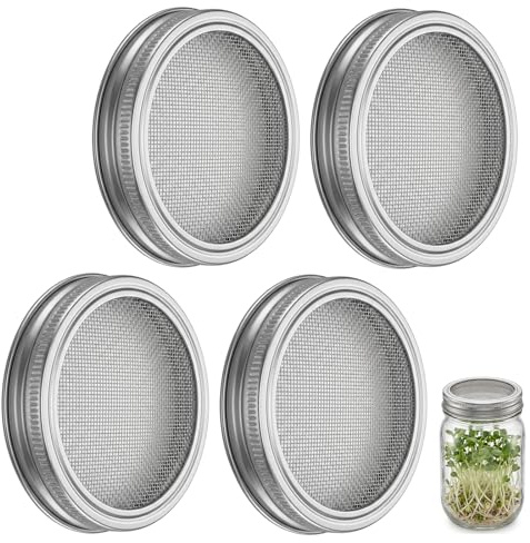 RAHLIZAS 4PCS 86mm Sprouting Jar Lids for Bean, Alfalfa, Broccoli | Stainless Steel Screen Filter Strainer Lid,Wide Mouth Mason Jar Sprouting Lids, Fits Wide Jars, Washable Durable Sprout Tool