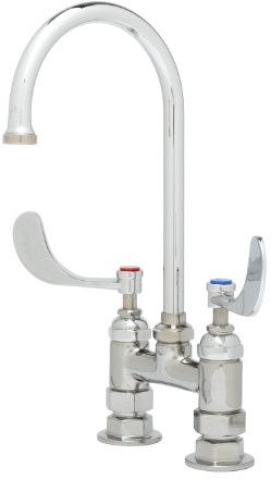 T&S Brass B-0325-WH4 Double Pantry Faucet, 4-Inch C/C Deck Mount, Swivel Gooseneck, 4-Inch Wrist-Action Handles