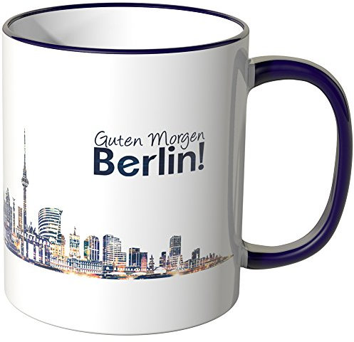 WANDKINGS® Tasse, Schriftzug Guten Morgen Berlin! mit Skyline bei Nacht - LILA