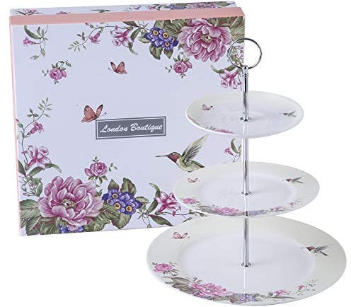 London Boutique, Nachmittagsteeständer, 3-stöckiger Tortenständer, Vintage-Stil, Flora Rose, New Bone China, Servierteller für Teeparty, High Tea, Geschenk für Sie (Beige), Kunststoff, 22x26